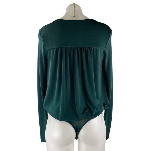 Free People Turnt Green Long Sleeve Draped V Neck Wrap Bodysuit Blouse Top Sz S - Picture 2 of 4